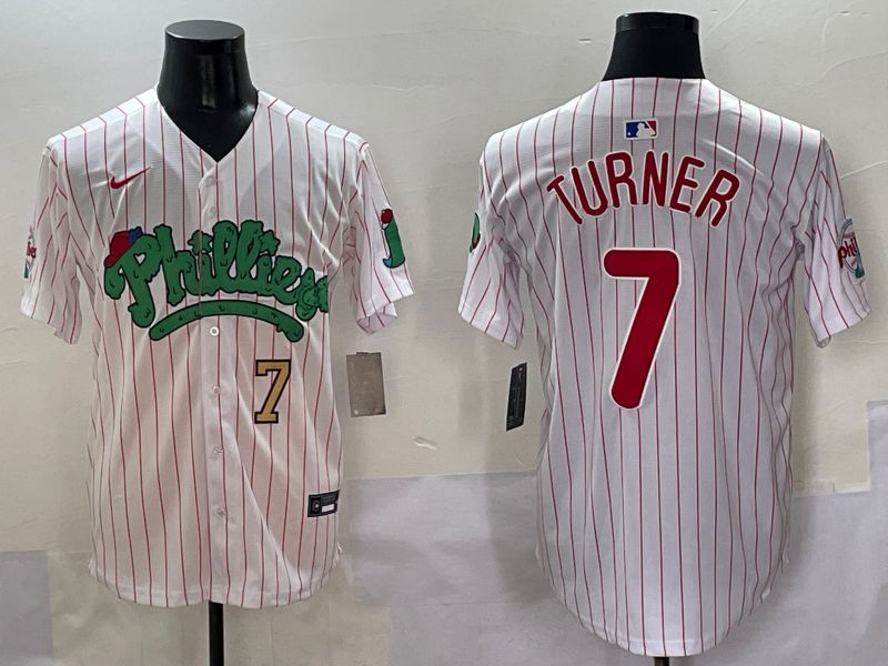 Men Philadelphia Phillies #7 Turner Stripe Red Four generations Joint Name 2025 Nike MLB Jersey style 2